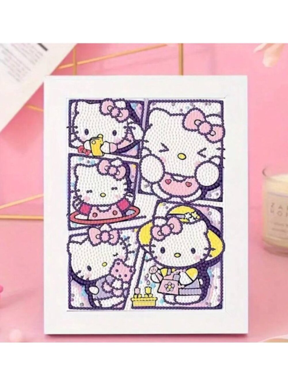 Hello Kitty Diamond Painting Kit Floral DIY Art with Frame All Supplies Included